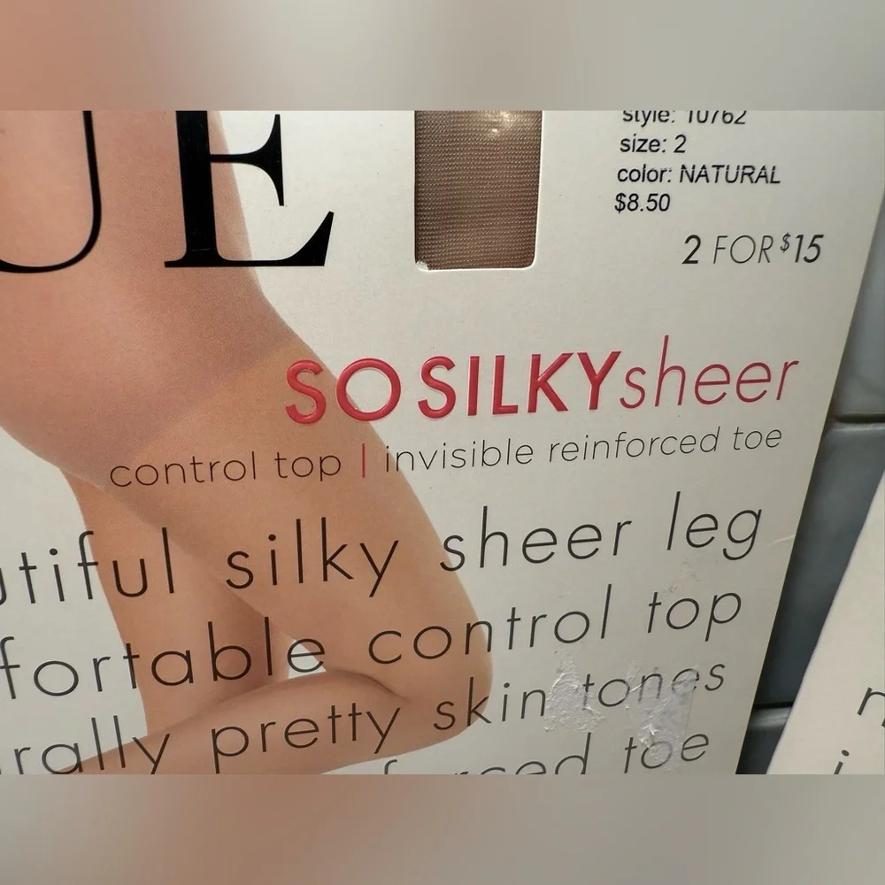 HUE Pantyhose 3 Pack Polished Sheer & So Silky Natural Size 2 Control Top Sheer